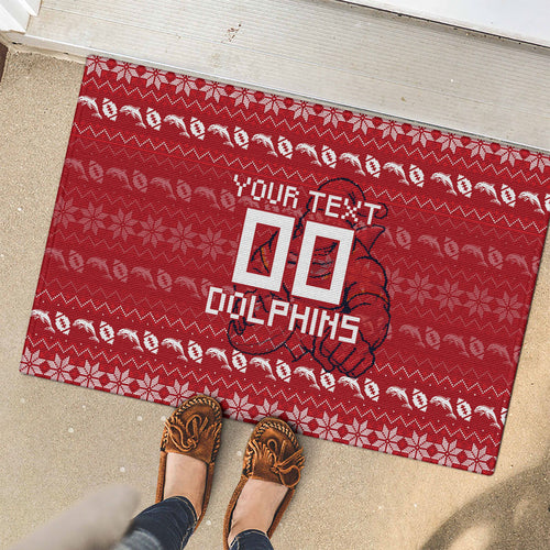 Personalized Dolphins Christmas Rubber Doormat Australian Rugby Fans - Pixelated Ugly Xmas Pattern Mascot Santa