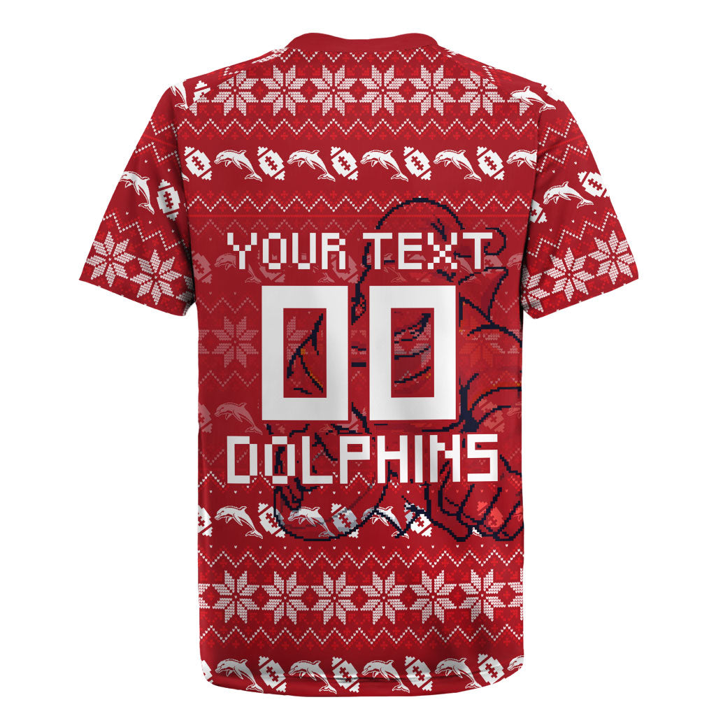 Personalized Dolphins Christmas Rugby Jersey Australian Rugby Fans - Pixelated Ugly Xmas Pattern Mascot Santa