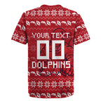 Personalized Dolphins Christmas Rugby Jersey Australian Rugby Fans - Pixelated Ugly Xmas Pattern Mascot Santa