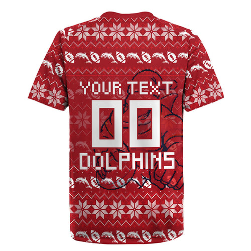 Personalized Dolphins Christmas Rugby Jersey Australian Rugby Fans - Pixelated Ugly Xmas Pattern Mascot Santa