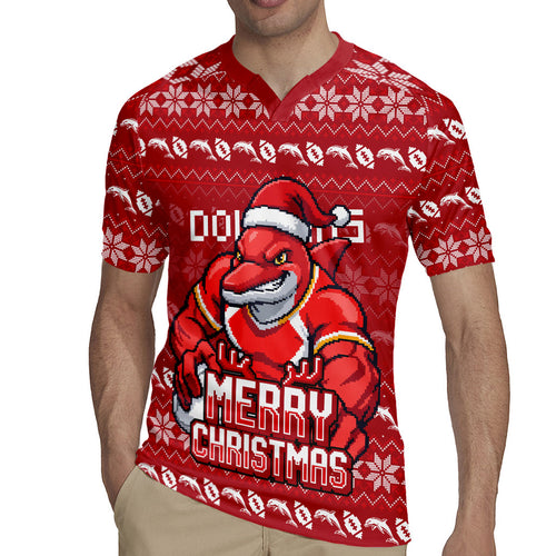 Personalized Dolphins Christmas Rugby Jersey Australian Rugby Fans - Pixelated Ugly Xmas Pattern Mascot Santa