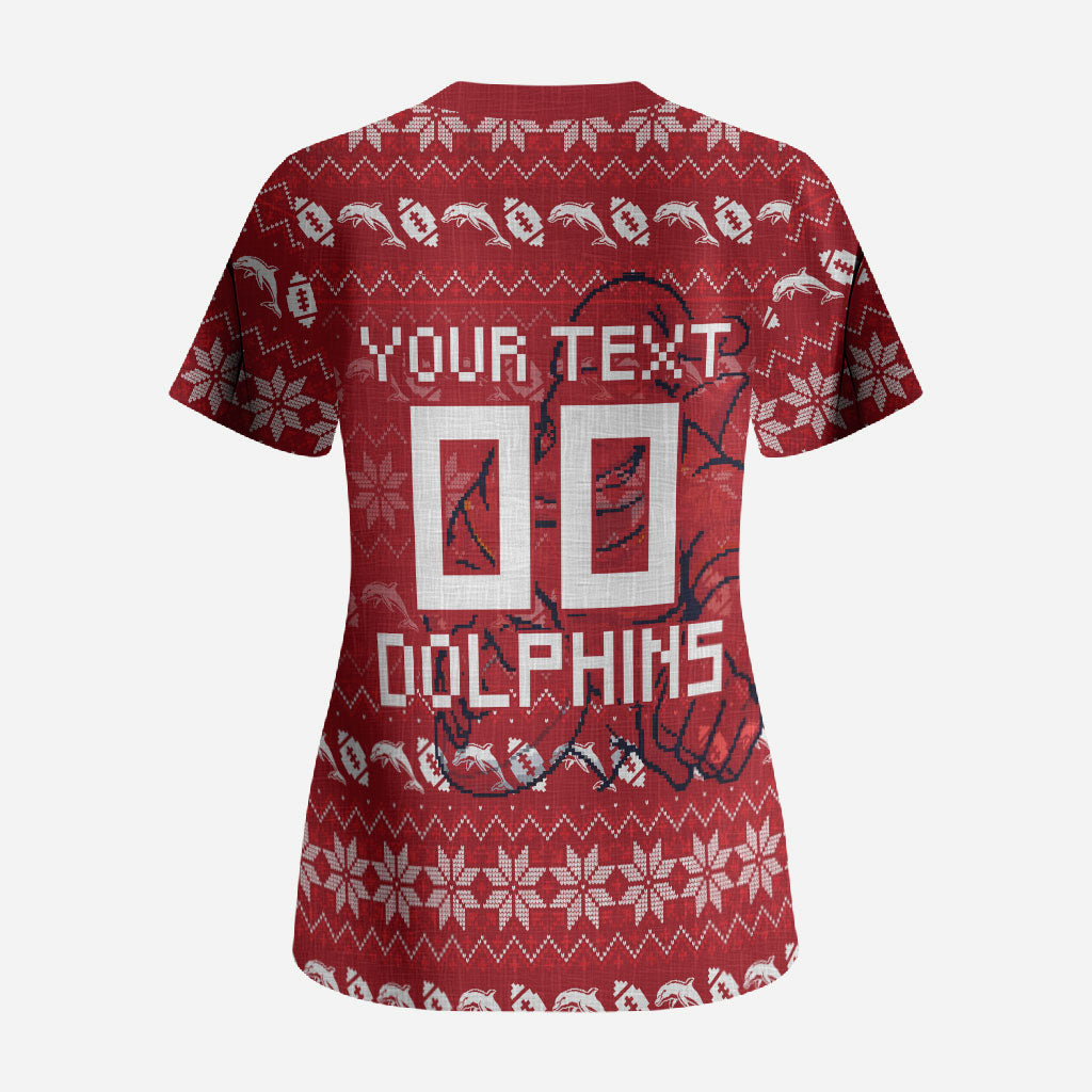 Personalized Dolphins Christmas Scrub Top Australian Rugby Fans - Pixelated Ugly Xmas Pattern Mascot Santa