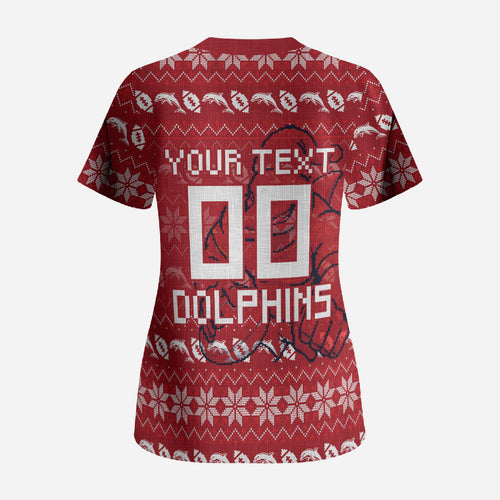 Personalized Dolphins Christmas Scrub Top Australian Rugby Fans - Pixelated Ugly Xmas Pattern Mascot Santa