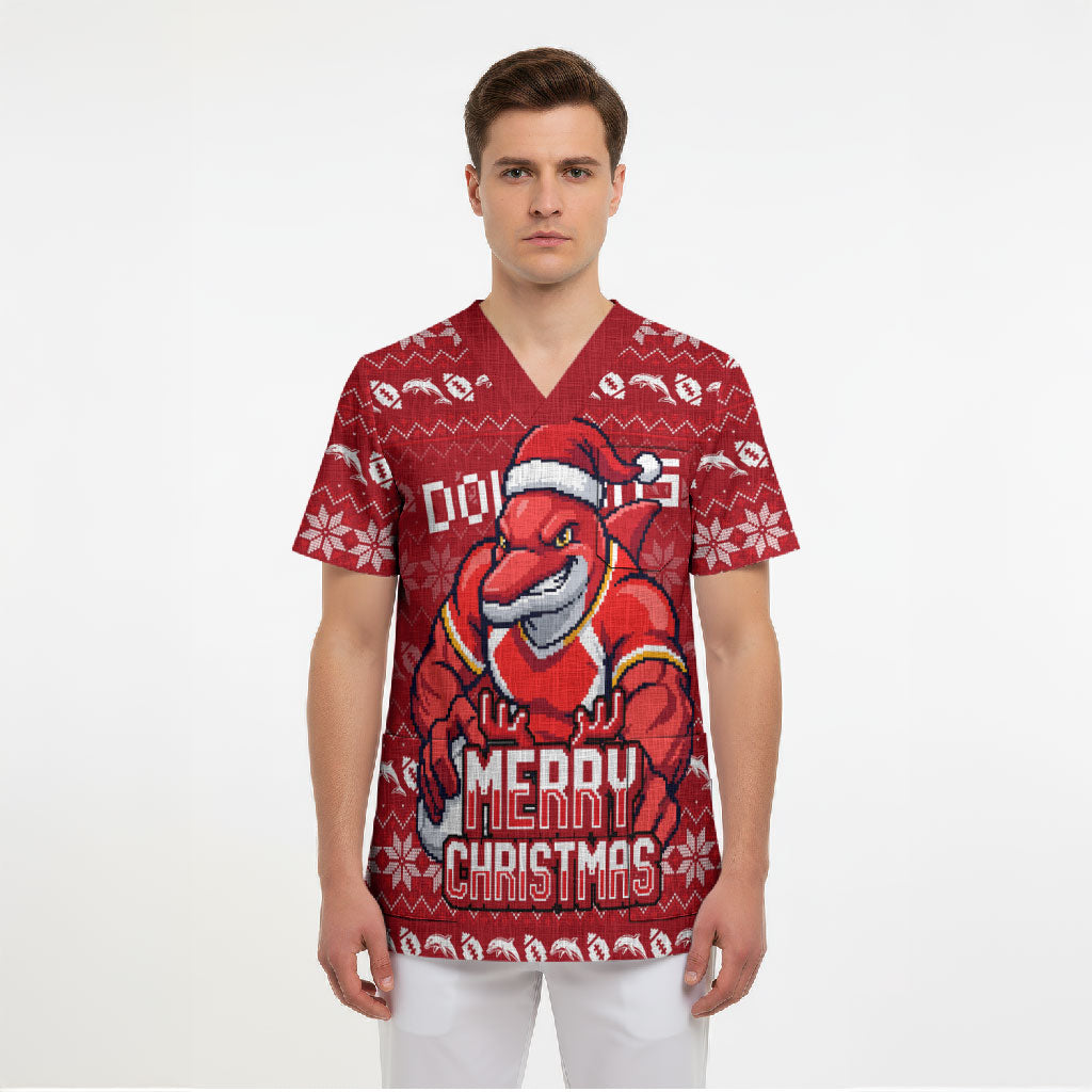 Personalized Dolphins Christmas Scrub Top Australian Rugby Fans - Pixelated Ugly Xmas Pattern Mascot Santa
