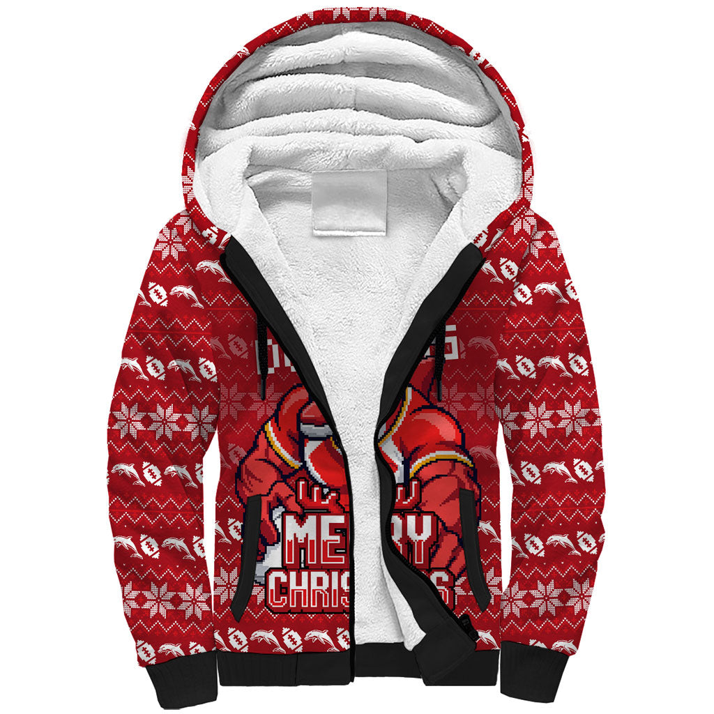 Personalized Dolphins Christmas Sherpa Hoodie Australian Rugby Fans - Pixelated Ugly Xmas Pattern Mascot Santa
