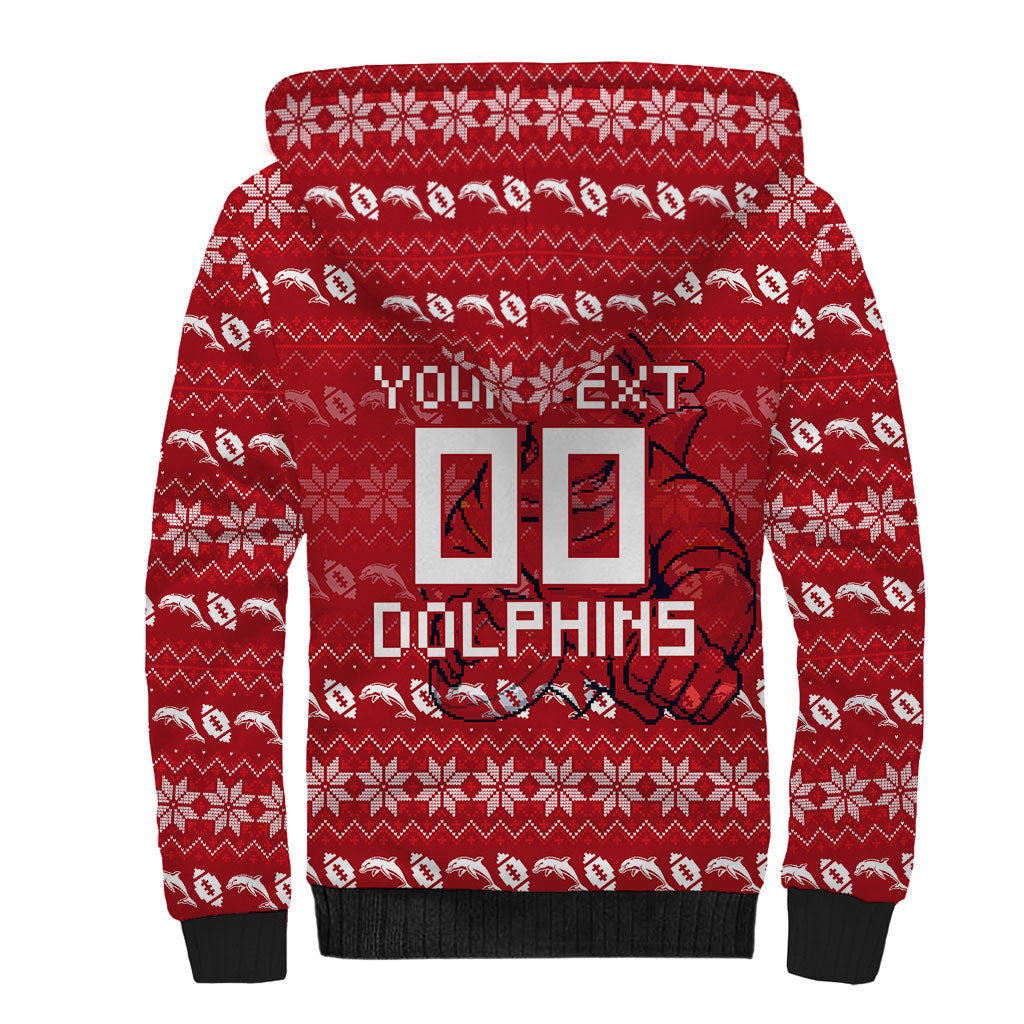 Personalized Dolphins Christmas Sherpa Hoodie Australian Rugby Fans - Pixelated Ugly Xmas Pattern Mascot Santa