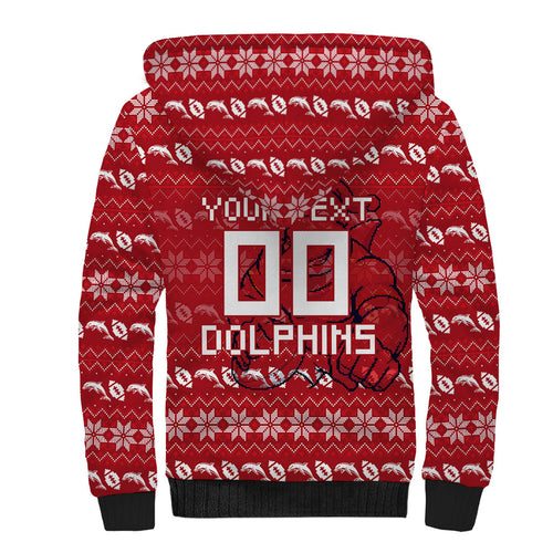 Personalized Dolphins Christmas Sherpa Hoodie Australian Rugby Fans - Pixelated Ugly Xmas Pattern Mascot Santa