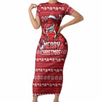 Personalized Dolphins Christmas Short Sleeve Bodycon Dress Australian Rugby Fans - Pixelated Ugly Xmas Pattern Mascot Santa