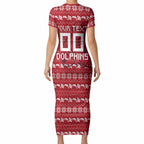 Personalized Dolphins Christmas Short Sleeve Bodycon Dress Australian Rugby Fans - Pixelated Ugly Xmas Pattern Mascot Santa