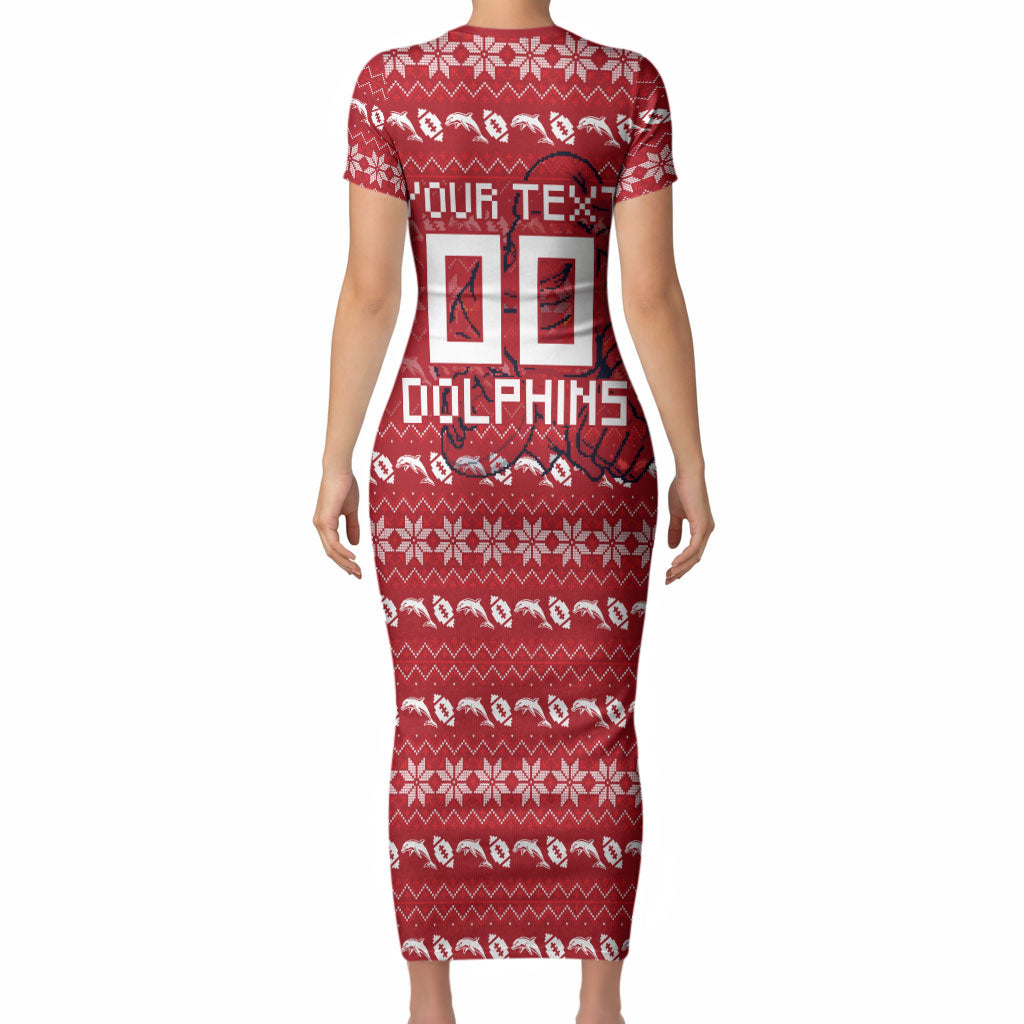 Personalized Dolphins Christmas Short Sleeve Bodycon Dress Australian Rugby Fans - Pixelated Ugly Xmas Pattern Mascot Santa