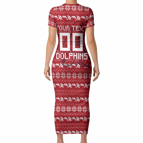 Personalized Dolphins Christmas Short Sleeve Bodycon Dress Australian Rugby Fans - Pixelated Ugly Xmas Pattern Mascot Santa