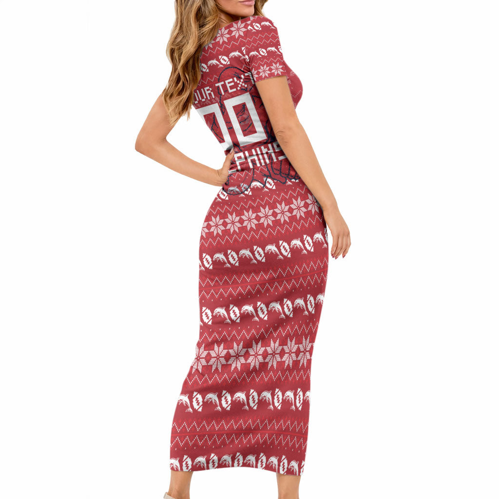 Personalized Dolphins Christmas Short Sleeve Bodycon Dress Australian Rugby Fans - Pixelated Ugly Xmas Pattern Mascot Santa