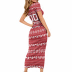 Personalized Dolphins Christmas Short Sleeve Bodycon Dress Australian Rugby Fans - Pixelated Ugly Xmas Pattern Mascot Santa