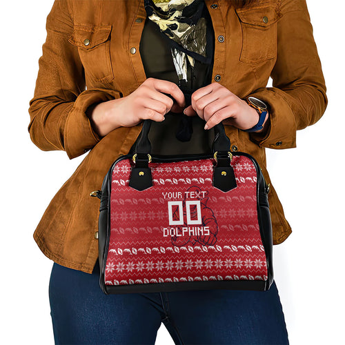 Personalized Dolphins Christmas Shoulder Handbag Australian Rugby Fans - Pixelated Ugly Xmas Pattern Mascot Santa