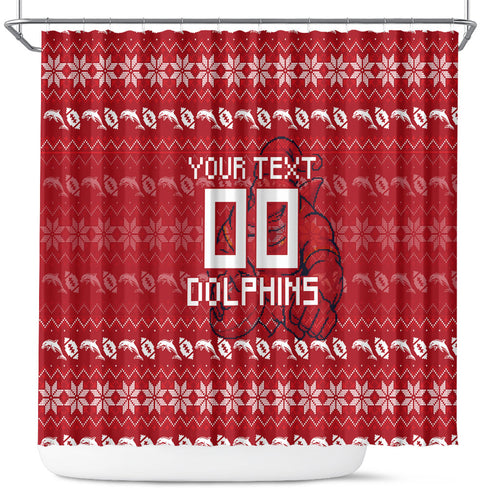 Personalized Dolphins Christmas Shower Curtain Australian Rugby Fans - Pixelated Ugly Xmas Pattern Mascot Santa