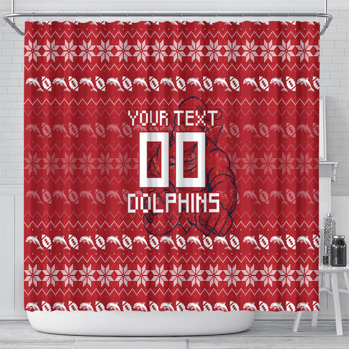 Personalized Dolphins Christmas Shower Curtain Australian Rugby Fans - Pixelated Ugly Xmas Pattern Mascot Santa