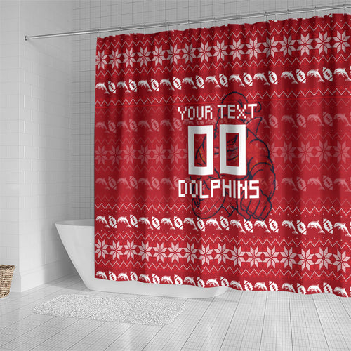 Personalized Dolphins Christmas Shower Curtain Australian Rugby Fans - Pixelated Ugly Xmas Pattern Mascot Santa