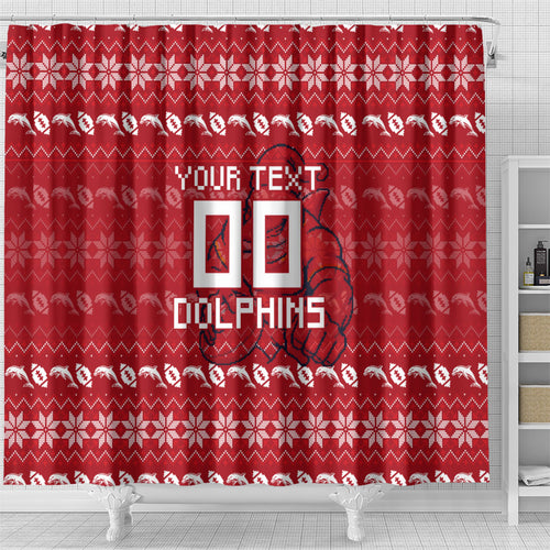 Personalized Dolphins Christmas Shower Curtain Australian Rugby Fans - Pixelated Ugly Xmas Pattern Mascot Santa