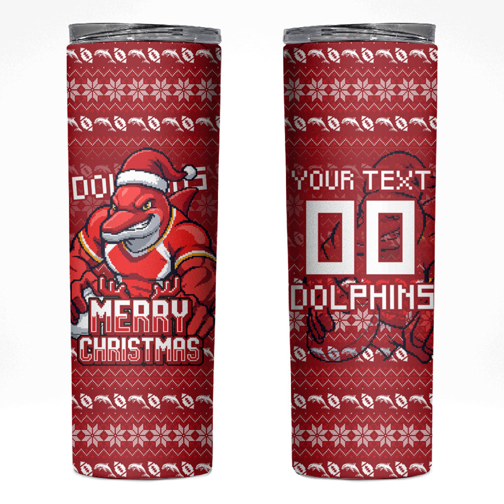 Personalized Dolphins Christmas Skinny Tumbler Australian Rugby Fans - Pixelated Ugly Xmas Pattern Mascot Santa
