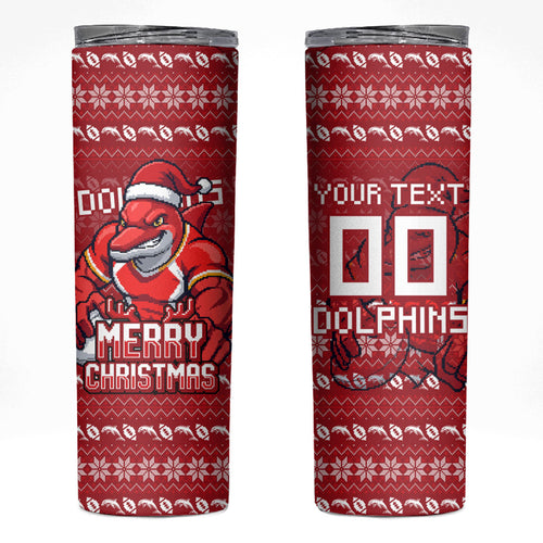 Personalized Dolphins Christmas Skinny Tumbler Australian Rugby Fans - Pixelated Ugly Xmas Pattern Mascot Santa