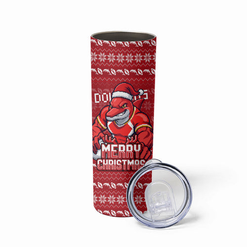 Personalized Dolphins Christmas Skinny Tumbler Australian Rugby Fans - Pixelated Ugly Xmas Pattern Mascot Santa