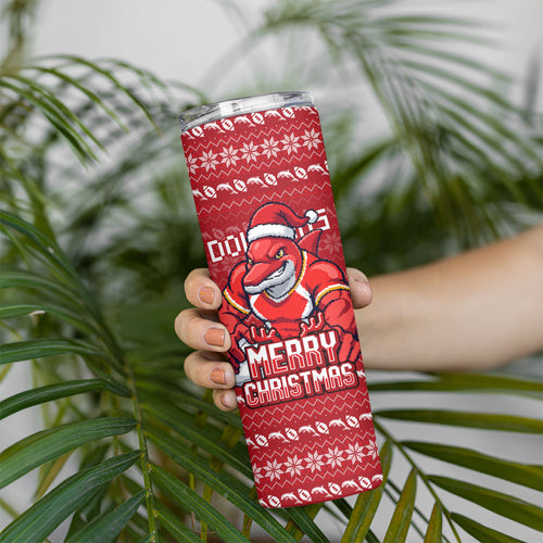 Personalized Dolphins Christmas Skinny Tumbler Australian Rugby Fans - Pixelated Ugly Xmas Pattern Mascot Santa