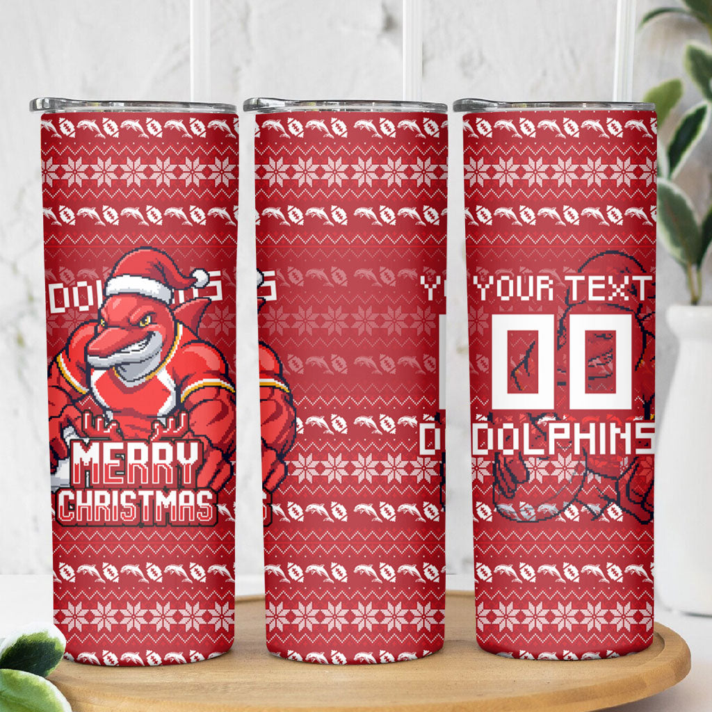 Personalized Dolphins Christmas Skinny Tumbler Australian Rugby Fans - Pixelated Ugly Xmas Pattern Mascot Santa