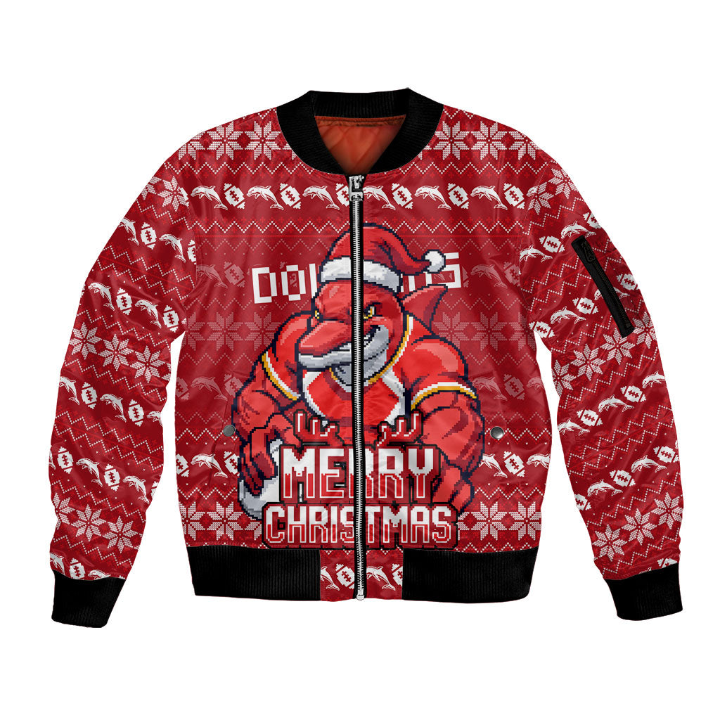 Personalized Dolphins Christmas Sleeve Zip Bomber Jacket Australian Rugby Fans - Pixelated Ugly Xmas Pattern Mascot Santa