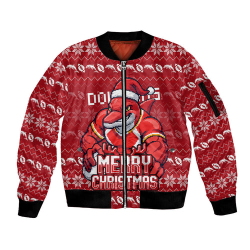 Personalized Dolphins Christmas Sleeve Zip Bomber Jacket Australian Rugby Fans - Pixelated Ugly Xmas Pattern Mascot Santa