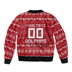 Personalized Dolphins Christmas Sleeve Zip Bomber Jacket Australian Rugby Fans - Pixelated Ugly Xmas Pattern Mascot Santa