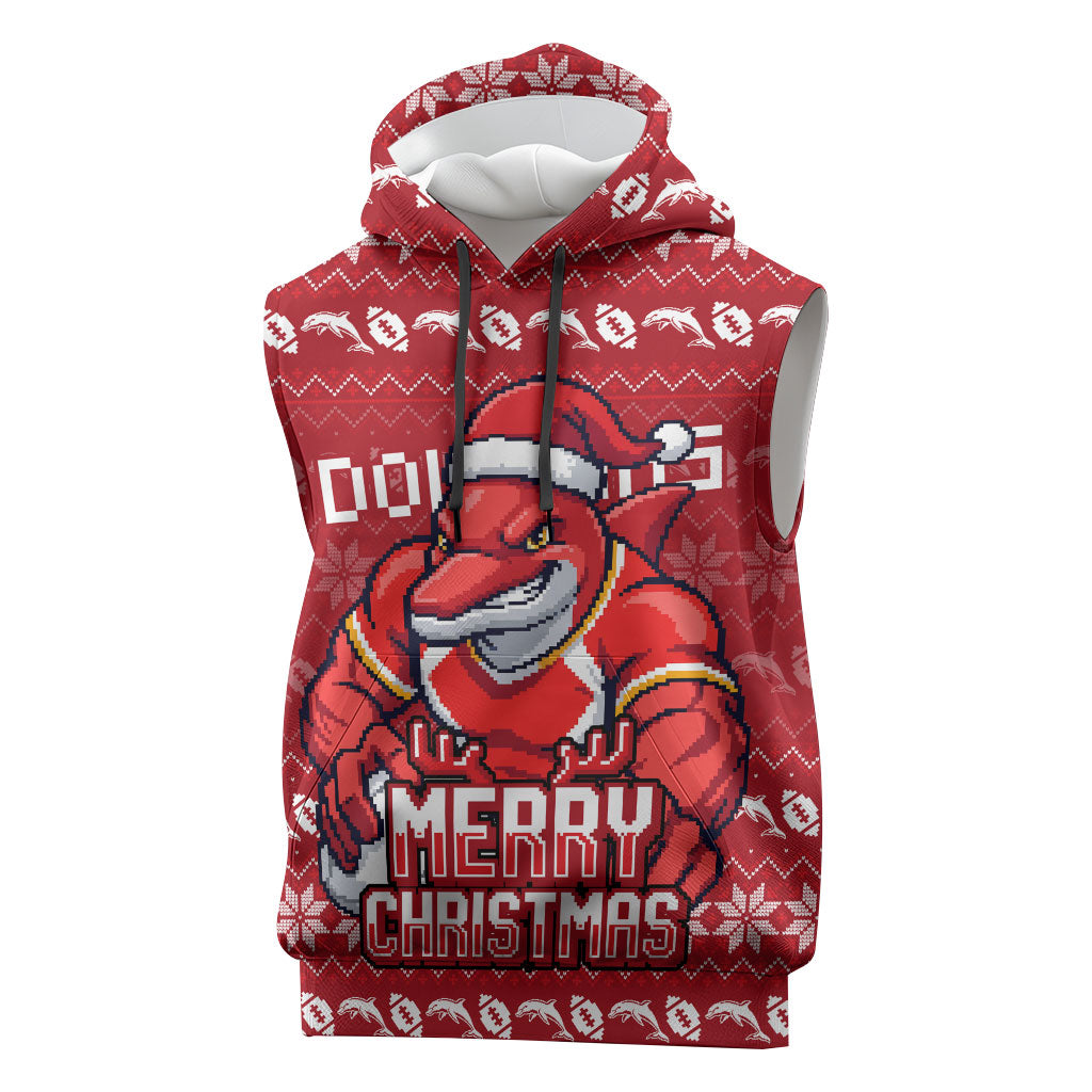 Personalized Dolphins Christmas Sleeveless Hoodie Australian Rugby Fans - Pixelated Ugly Xmas Pattern Mascot Santa