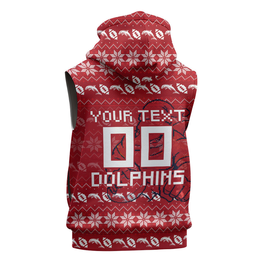 Personalized Dolphins Christmas Sleeveless Hoodie Australian Rugby Fans - Pixelated Ugly Xmas Pattern Mascot Santa