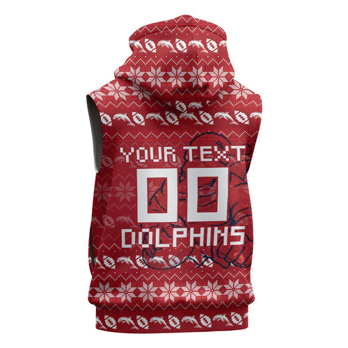 Personalized Dolphins Christmas Sleeveless Hoodie Australian Rugby Fans - Pixelated Ugly Xmas Pattern Mascot Santa
