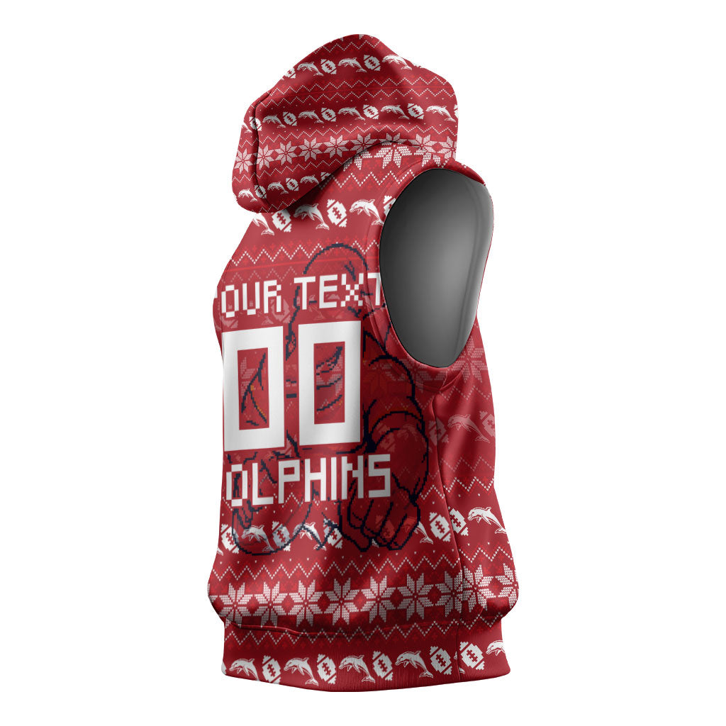 Personalized Dolphins Christmas Sleeveless Hoodie Australian Rugby Fans - Pixelated Ugly Xmas Pattern Mascot Santa