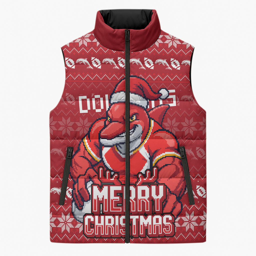 Personalized Dolphins Christmas Sleeveless Puffer Jacket Australian Rugby Fans - Pixelated Ugly Xmas Pattern Mascot Santa