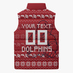 Personalized Dolphins Christmas Sleeveless Puffer Jacket Australian Rugby Fans - Pixelated Ugly Xmas Pattern Mascot Santa