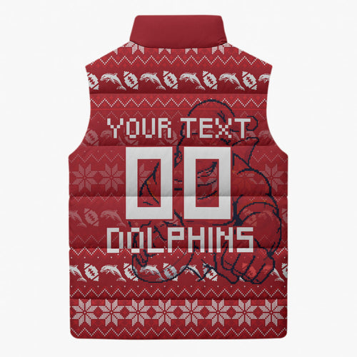 Personalized Dolphins Christmas Sleeveless Puffer Jacket Australian Rugby Fans - Pixelated Ugly Xmas Pattern Mascot Santa