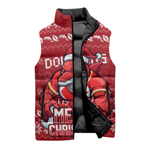 Personalized Dolphins Christmas Sleeveless Puffer Jacket Australian Rugby Fans - Pixelated Ugly Xmas Pattern Mascot Santa