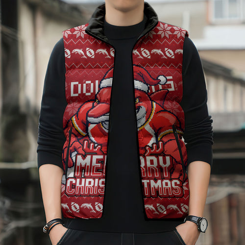 Personalized Dolphins Christmas Sleeveless Puffer Jacket Australian Rugby Fans - Pixelated Ugly Xmas Pattern Mascot Santa