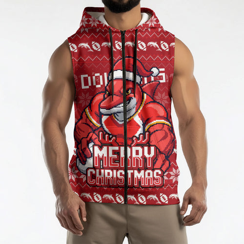 Personalized Dolphins Christmas Sleeveless Zip Hoodie Australian Rugby Fans - Pixelated Ugly Xmas Pattern Mascot Santa