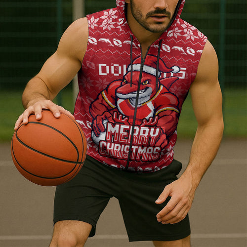Personalized Dolphins Christmas Sleeveless Zip Hoodie Australian Rugby Fans - Pixelated Ugly Xmas Pattern Mascot Santa
