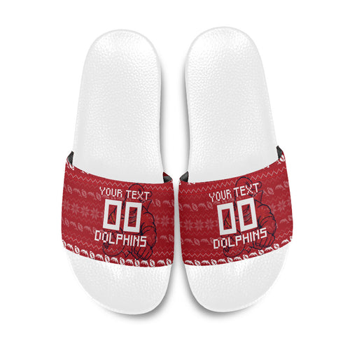 Personalized Dolphins Christmas Slide Sandals Australian Rugby Fans - Pixelated Ugly Xmas Pattern Mascot Santa