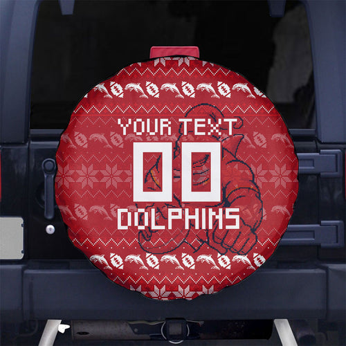 Personalized Dolphins Christmas Spare Tire Cover Australian Rugby Fans - Pixelated Ugly Xmas Pattern Mascot Santa