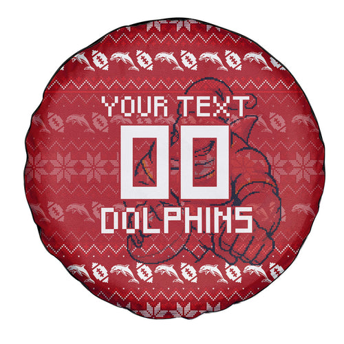 Personalized Dolphins Christmas Spare Tire Cover Australian Rugby Fans - Pixelated Ugly Xmas Pattern Mascot Santa