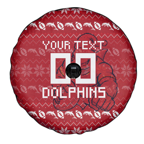 Personalized Dolphins Christmas Spare Tire Cover Australian Rugby Fans - Pixelated Ugly Xmas Pattern Mascot Santa