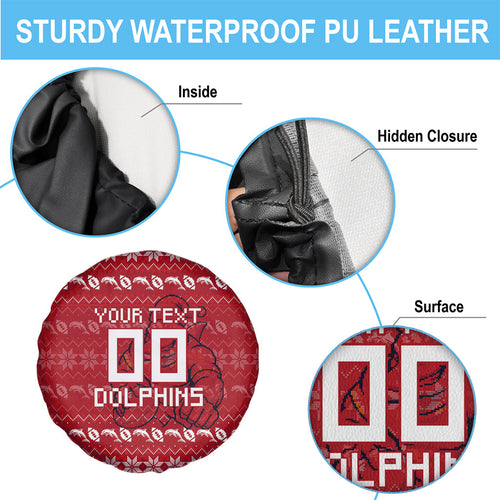 Personalized Dolphins Christmas Spare Tire Cover Australian Rugby Fans - Pixelated Ugly Xmas Pattern Mascot Santa