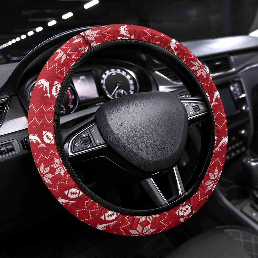 Dolphins Christmas Steering Wheel Cover Australian Rugby Fans - Pixelated Ugly Xmas Pattern Mascot Santa