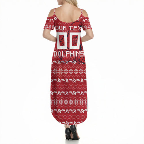 Personalized Dolphins Christmas Summer Maxi Dress Australian Rugby Fans - Pixelated Ugly Xmas Pattern Mascot Santa