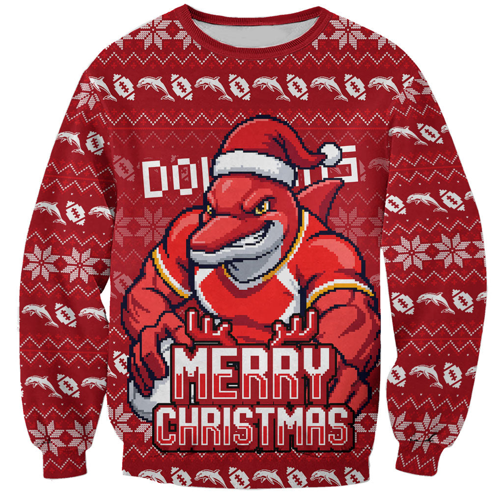 Personalized Dolphins Christmas Sweatshirt Australian Rugby Fans - Pixelated Ugly Xmas Pattern Mascot Santa