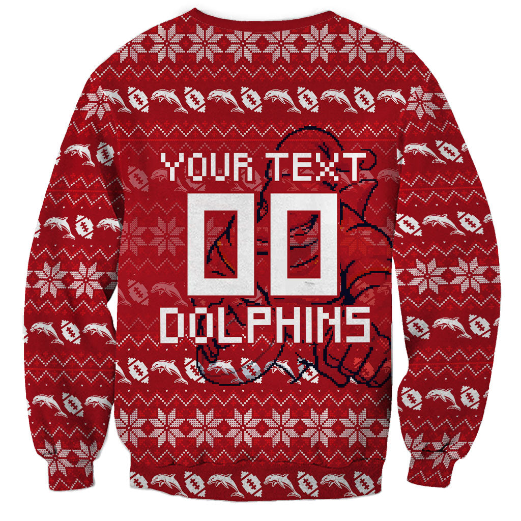 Personalized Dolphins Christmas Sweatshirt Australian Rugby Fans - Pixelated Ugly Xmas Pattern Mascot Santa